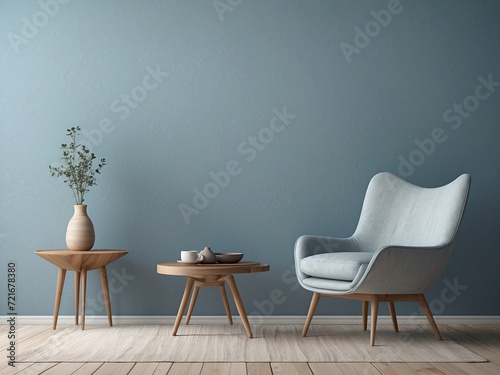 Empty light blue stucco wall in Scandinavian style interior with modern trendy armchair. Minimalist interior design.