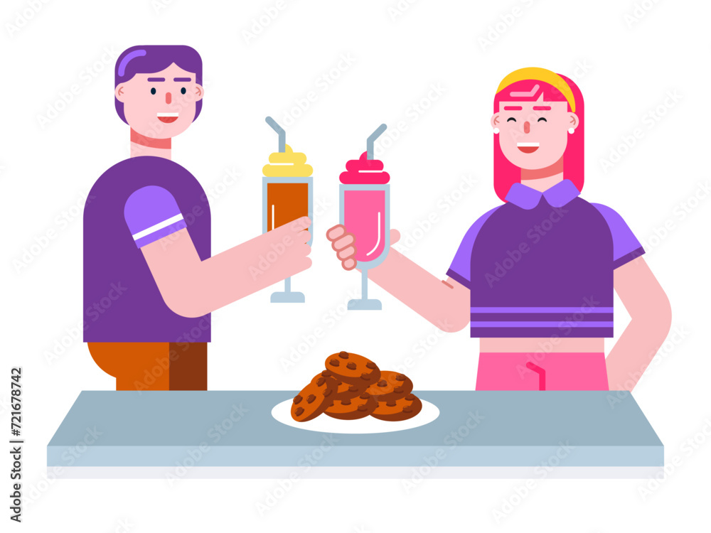 Couple is enjoying cookies and milk shakes. Dessert vector illustrations. Couple is enjoying cookies and milk shakes. Dessert vector illustrations.