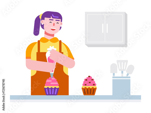 Young girl is putting toppings on the cup cakes. Dessert vector illustrations.