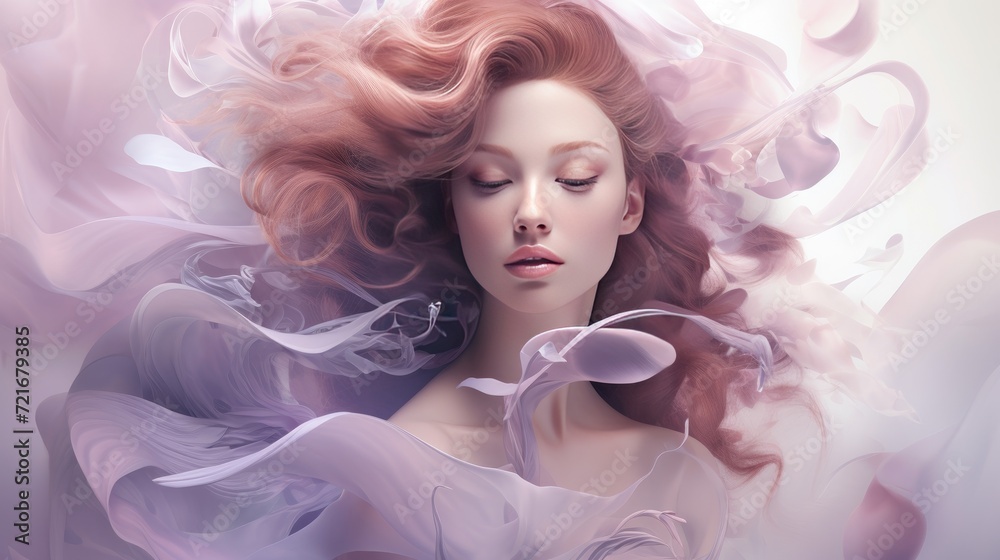 Beautiful young woman with curly rose gold hair. Portrait of a beautiful girl with flying hair Beautiful young woman with curly rose gold hair. Portrait of a beautiful girl with flying hair