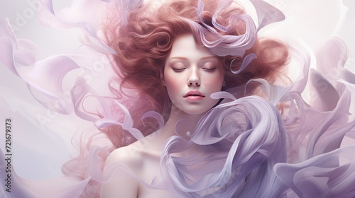 Beautiful young woman with curly rose gold hair. Portrait of a beautiful girl with flying hair