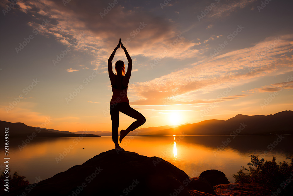 Silhouette of young woman practicing yoga at sunset over lake.