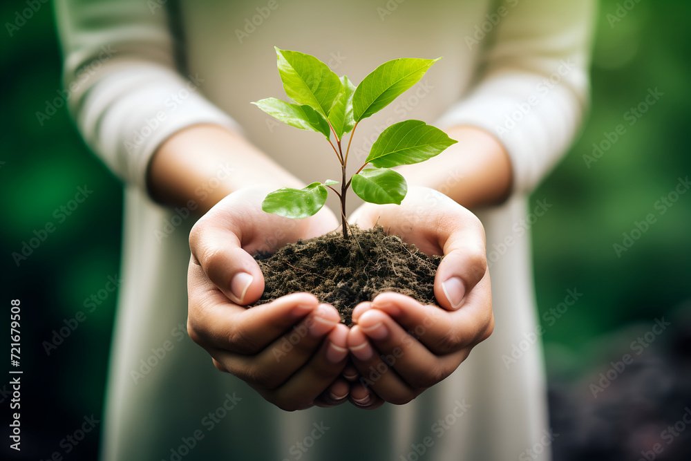 Hands holding a green sprout with soil on blurred nature background Hands holding a green sprout with soil on blurred nature background