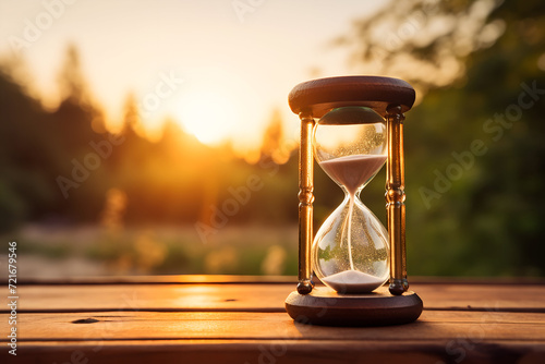 Hourglass on wooden table with sunset background. Time passing concept.