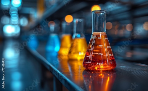 Different colored liquids in a laboratory. 