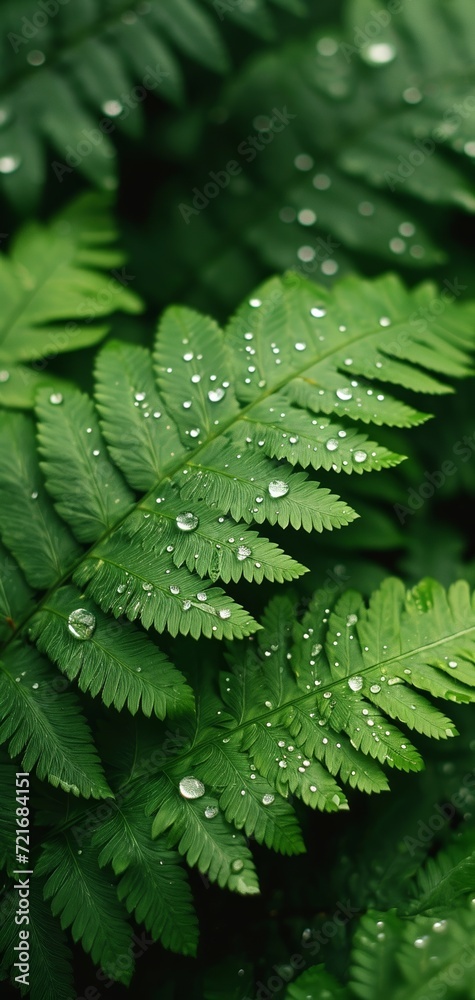 A beautiful nature backdrop with a close up of a fern with waterdrops and blurred background.