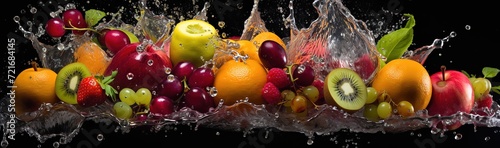 various fresh fruit with a splash of water