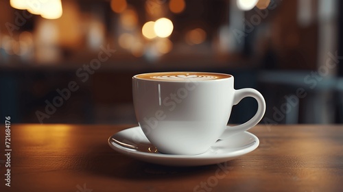 cup of aromatic coffee placed on wooden table on white plate with dessert spoon photo