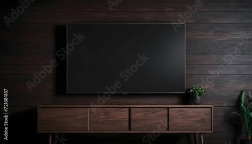 Mockup a TV wall mounted in a dark room with a dark wood wall created with generative ai photo