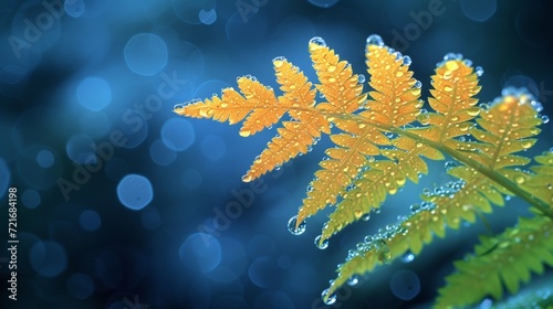 A beautiful nature backdrop with a close up of a fern with waterdrops and blurred background.