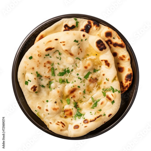 Indian naan breads with garlic and butter isolated on transparent or white background