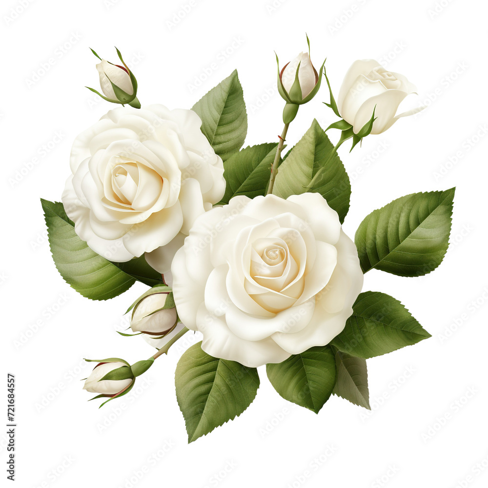 White rose and bud, leave and stem isolated on transparent or white background