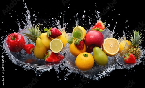 various fresh fruit with a splash of water