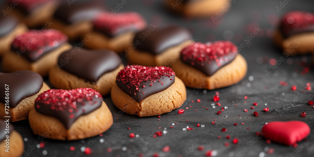 Heart shaped cookies dipped in smooth chocolate and sprinkled with vibrant red sugar crystals. Heart shaped cookies dipped in smooth chocolate and sprinkled with vibrant red sugar crystals.