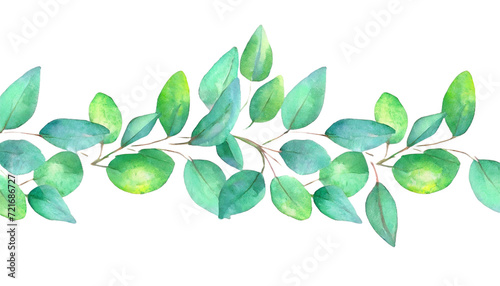 Watercolor floral frame with eucalyptus green leaves and branch isolated on white background. Hand painted wreath flowers for wedding invitation, save the date or greeting design