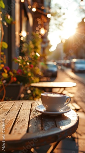  A coffee cup on an outdoor cafe table, basking in morning sunlight.