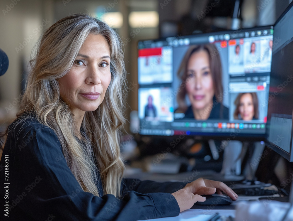 In a serene and professional office setting, there are two women engaged in a video call. The first woman, in her 50s with a tanned complexion, is seated at an office desk, looking attentively at the In a serene and professional office setting, there are two women engaged in a video call. The first woman, in her 50s with a tanned complexion, is seated at an office desk, looking attentively at the