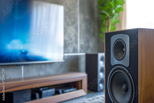 Living room speaker, home audio system, stereo speaker setup, room entertainment, music in home, sound system decor.