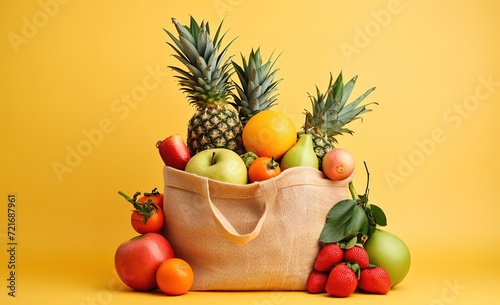 various fruits are put into a special cloth bag with fruit with a yellow background