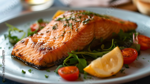 A filet of salmon on a plate garnished with tomatoes, lemons and greens such as parsley. 