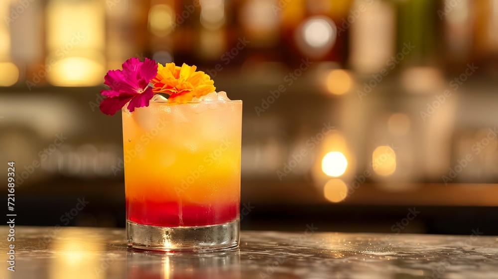 A glass of tequila with vibrant edible marigolds in an eye-catching floral combination. Tequila cocktail in a golden hue and the delicate aesthetics of marigolds. A glass of tequila with vibrant edible marigolds in an eye-catching floral combination. Tequila cocktail in a golden hue and the delicate aesthetics of marigolds.