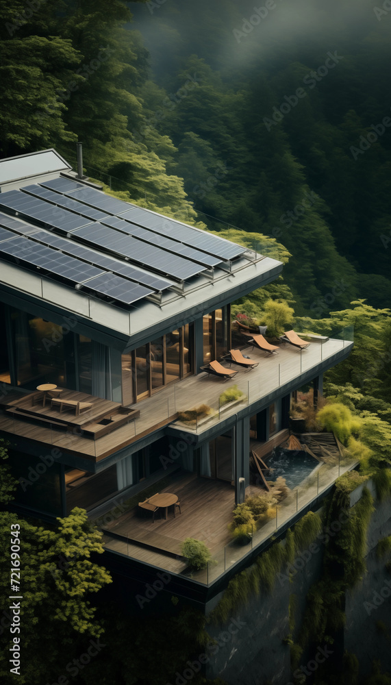 a private house situated in a valley with solar panels on the roof a private house situated in a valley with solar panels on the roof