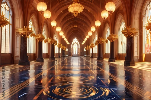 中世ヨーロッパのお城　光と金の王宮の回廊ホール photo