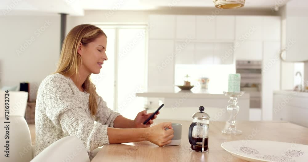 Woman, coffee and cellphone or reading message in morning or kitchen relax for breakfast, comfort or online. Female person, mug and filter jug in home or caffeine for social media, text or connection Woman, coffee and cellphone or reading message in morning or kitchen relax for breakfast, comfort or online. Female person, mug and filter jug in home or caffeine for social media, text or connection