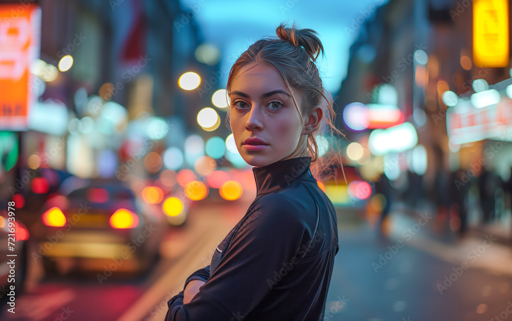 Urban Nightlife: Woman Amidst City Lights Urban Nightlife: Woman Amidst City Lights