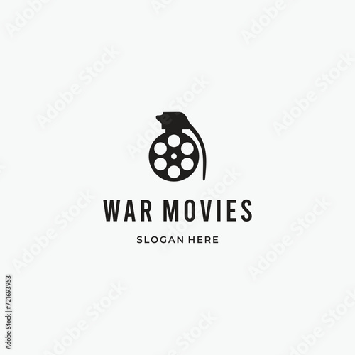 War movies logo, grenade combine with film roll logo design concept photo