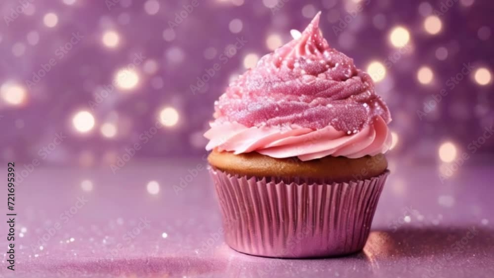 Cupcake with pink cream icing and sparkle on a glitter background, motion Cupcake with pink cream icing and sparkle on a glitter background, motion