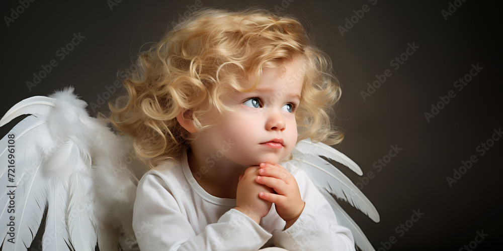 Angel toddler with curly hair, white wings, thoughtful pose, studio background, child portrait, innocence concept. AI Generative Angel toddler with curly hair, white wings, thoughtful pose, studio background, child portrait, innocence concept. AI Generative