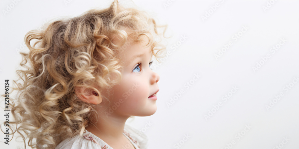 Banner Curly-haired child in profile, looking up with a hopeful expression, against a white background. AI Generative Banner Curly-haired child in profile, looking up with a hopeful expression, against a white background. AI Generative