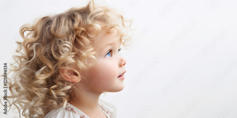 Banner Curly-haired child in profile, looking up with a hopeful expression, against a white background. AI Generative