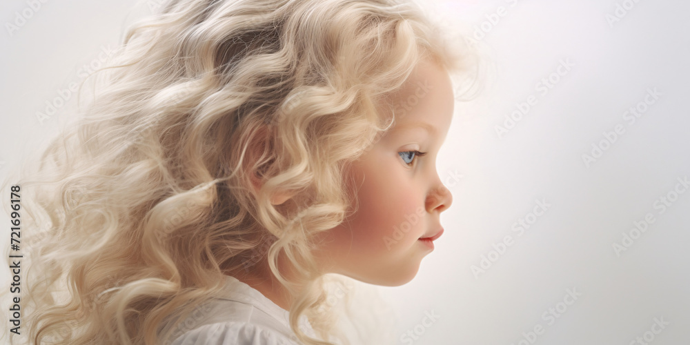 Banner Serene child with flowing curly hair in profile, soft light, gentle expression, white backdrop. AI Generative Banner Serene child with flowing curly hair in profile, soft light, gentle expression, white backdrop. AI Generative