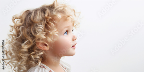 Banner Curly-haired child in profile, looking up with a hopeful expression, against a white background. AI Generative
