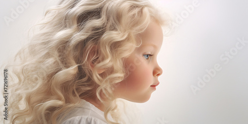 Banner Serene child with flowing curly hair in profile, soft light, gentle expression, white backdrop. AI Generative