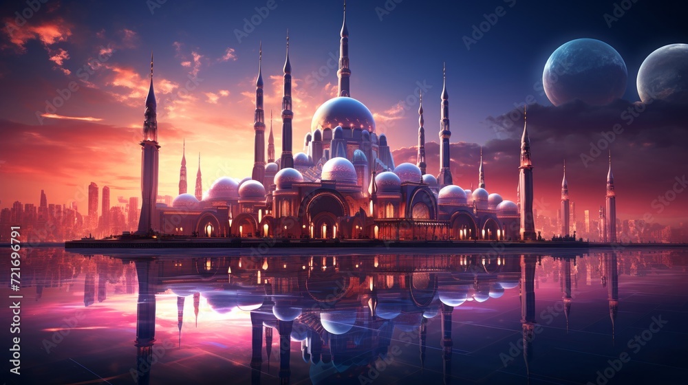 Fototapeta premium Majestic mosque with towering spires and reflective surfaces amidst a futuristic cityscape