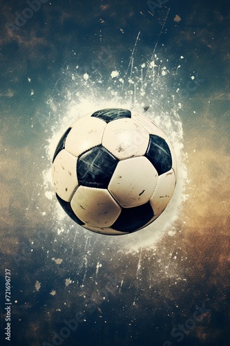 Vintage  retro poster style image of a soccer ball in a net  with grainy textures and muted colors for a classic look