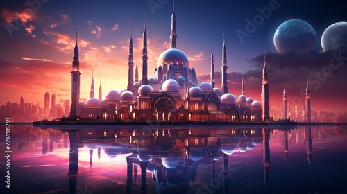 Majestic mosque with towering spires and reflective surfaces amidst a futuristic cityscape