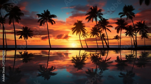 tropical sunset with silhouette palm trees against a fiery sky, reflecting on calm waters