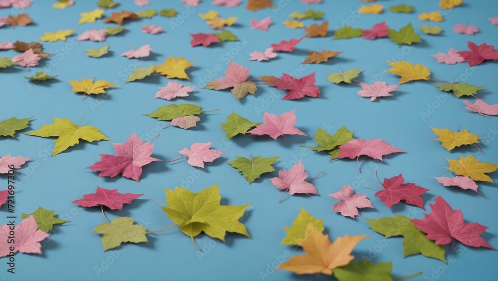 A set of vibrantly colored leaves on a tabletop, a blue backdrop setting the scene, with a pink and green leaf, aesthetically rendered in 3D.