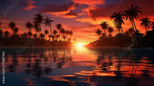 tropical sunset with silhouette palm trees against a fiery sky  reflecting on calm waters