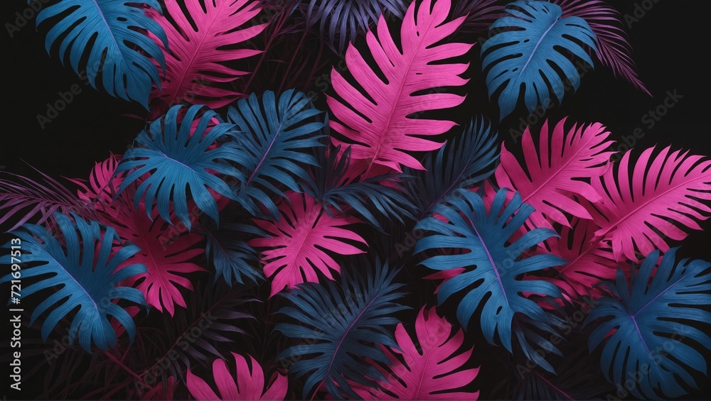 Brightly lit tropical leaves in neon cyan and pink, set on a dark backdrop, 3D rendered for a visually striking aesthetic Brightly lit tropical leaves in neon cyan and pink, set on a dark backdrop, 3D rendered for a visually striking aesthetic