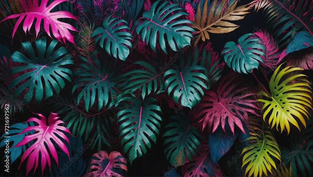 Tropical leaves captured in a neon glow on a dark background, with hues of pink, blue, yellow, green, in a 3D rendering focused on aesthetics Tropical leaves captured in a neon glow on a dark background, with hues of pink, blue, yellow, green, in a 3D rendering focused on aesthetics