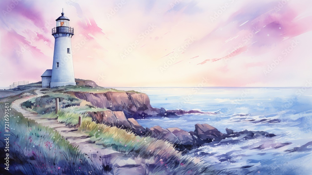 Watercolor of an abandoned lighthouse on a clifftop, with a calm sea and pastel sky at dawn