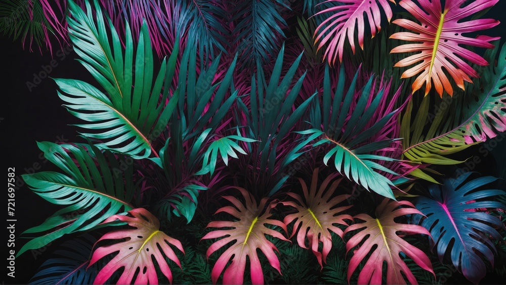 Tropical leaves captured in a neon glow on a dark background, with hues of pink, blue, yellow, green, in a 3D rendering focused on aesthetics
