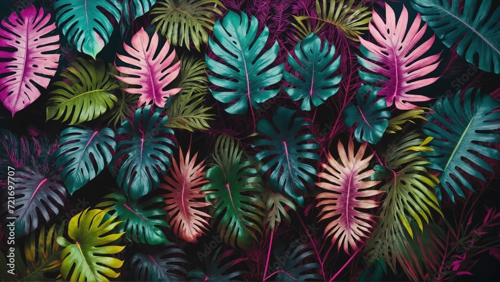 Glossy and vibrant tropical leaves under bright neon lights, shades of pink, blue, yellow, green, set against a dark background, artistically rendered in 3D