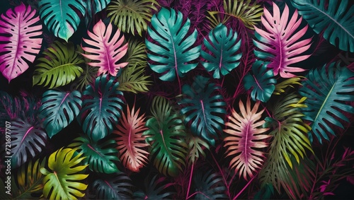 Glossy and vibrant tropical leaves under bright neon lights  shades of pink  blue  yellow  green  set against a dark background  artistically rendered in 3D