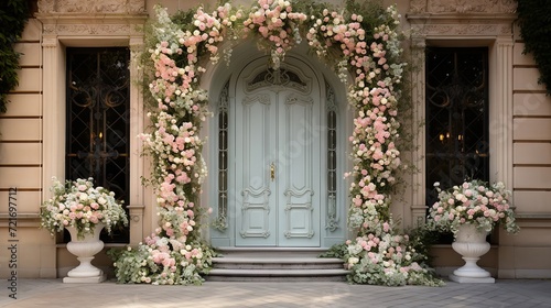 An elegant entrance to a wedding with a calligraphy welcome sign adorned with pastel roses and ivy